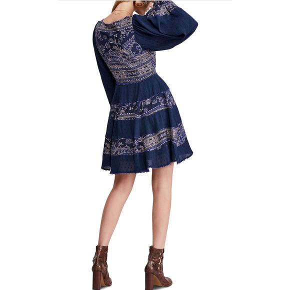 Free People My Love Mini Dress Long Sleeve Swing Pom Pom Paisley Blue Med Boho - Picture 2 of 16
